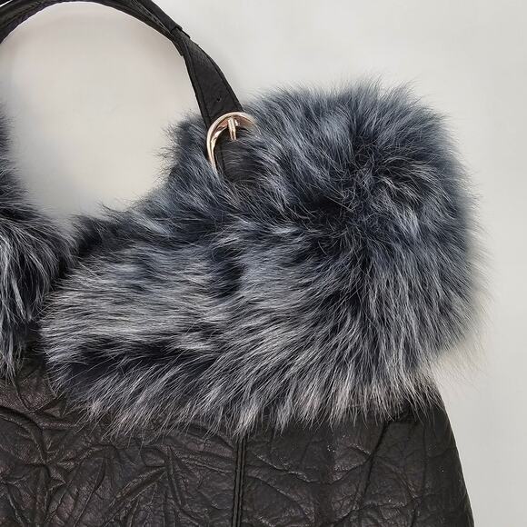 Galaday Removeable‎ Fur Detail Crinkle Leather Handbag Shoulder Purse Tote Black - Picture 6 of 16